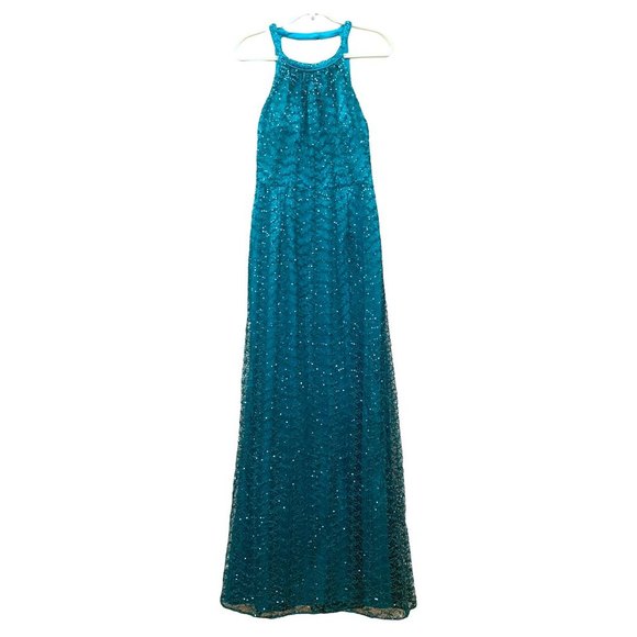 Adrianna Papell Collection Sequins Halter Neck Gown 14 Open Back Turquoise - Picture 2 of 12